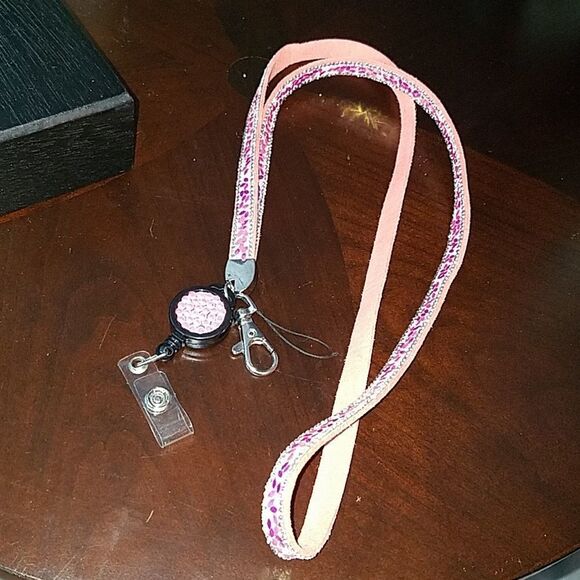 Lanyard sparkle pink peach silver clips badge necklace work office event sell - Picture 1 of 8